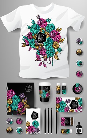 Abstract  business set with flowers. Corporate identity templates, notebook, card, flag, T-shirt, package, matches, ink, pencil, paper cup, invitation cardのイラスト素材