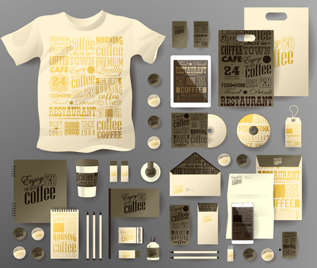 Abstract  business set for coffee shop, cafe . Corporate identity templates in typographic style, notebook, card, flag, T-shirt, disk, package,  label, envelope, pen, Tablet PC, Mobile Phone, matches, ink, pencil, paper cup, forms, folders for documents, のイラスト素材