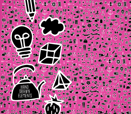Hand drawn icons and elements pattern. Digital illustrationのイラスト素材
