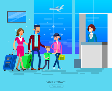 Vector detailed characters people in airport lounge. Family is registered, people baggage claim, flat  illustrationのイラスト素材