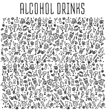 Set of doodles cocktails, hand drawn rough simple sketches of various kinds of cocktails and soft drinks cocktails. Vector freehand cocktails illustration. Hand drawn seamless pattern with cocktails.のイラスト素材