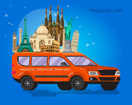 Detailed most famous World landmarks on car travelのイラスト素材