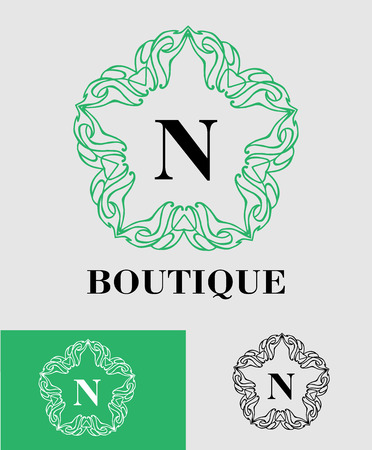 Monogram logo template with  calligraphic elegant ornament. Identity design with N letter for shop, store or restaurant, heraldic, barbershop or barber, beauty salon, justic lawyer, boutique or hotelのイラスト素材