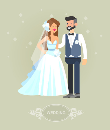 Happy cute wedding couple. Vector detailed character beautiful  smiling bride and groom. Cool flat illustrationのイラスト素材
