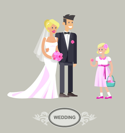 Happy cute wedding couple. Vector detailed character beautiful  smiling bride and groom. Cool flat illustrationのイラスト素材