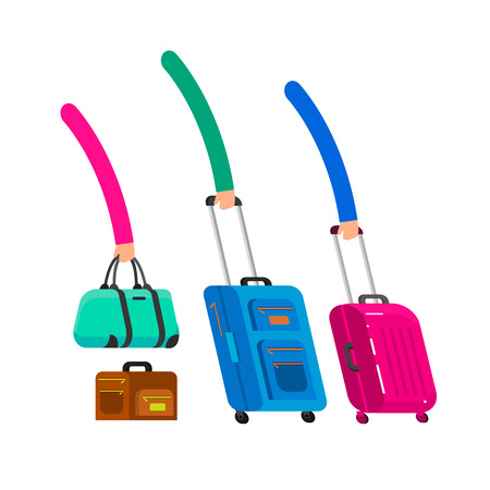 Travel bags in various colors. Luggage suitcase and bag isolated on white background.のイラスト素材