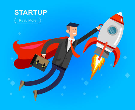 Vector detailed character businessman with startup. Flat style website banner startup concept web infographics. Rocket fly with business heroのイラスト素材