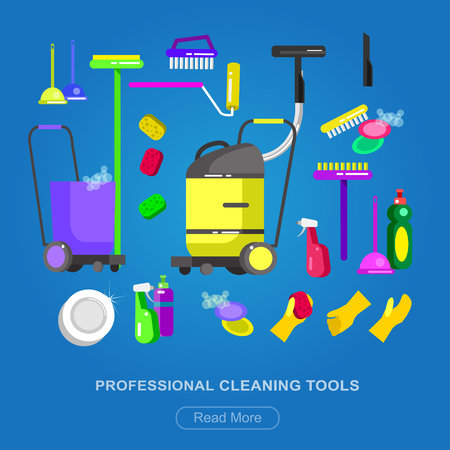 Poster design for cleaning service and supplies. Vector detailed Cleaning kit iconsのイラスト素材