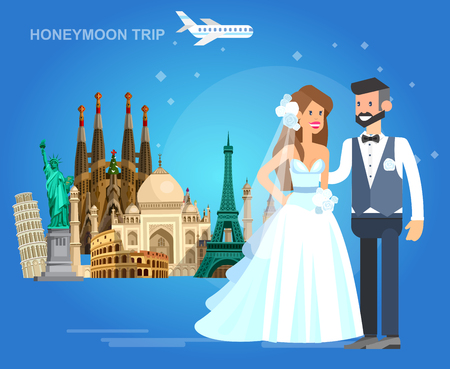 High quality, detailed most famous World landmarks Statue of Liberty, Taj Mahal, Eiffel Tower, Leaning Tower, Big Ben, Parthenon, Egyptian Sphinx and Pyramids, Colosseum, Cathedral Familiaのイラスト素材