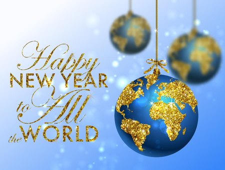 Glitter christmas ball with world map. Greeting Card with typography and gold world globe. Merry Christmas concept. Background with golden calligraphic elementsのイラスト素材