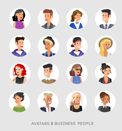 Cute cartoon human avatars set, big male and female faces collection. Vector detailed characters avatars people, business people avatars, men and women avatars. Business people avatarsのイラスト素材