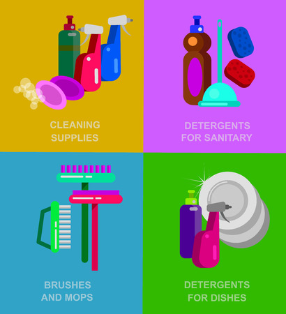 Flat design for cleaning service and cleaning supplies. Vector detailed Cleaning kit icons. Vector cleaning banner. Illustration detergent for dishes, detergent for sanitary fittingsのイラスト素材
