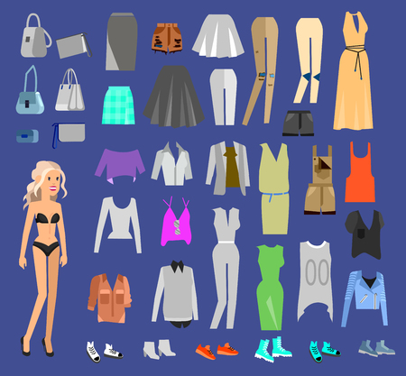Woman Clothes. Paper doll with clothes, skirt and blouse, boots, glasses and jeans, sweater, shoes, bags. Clothes vector flat illustration set. Clothes and accessoriesのイラスト素材
