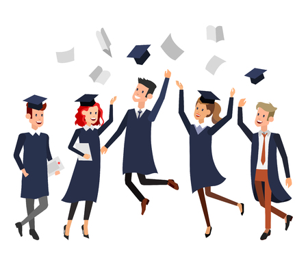 Vector character graduate and students, university students graduation. University courses, online education, exam preparation. University education banner, vector graduate, illustration graduateのイラスト素材