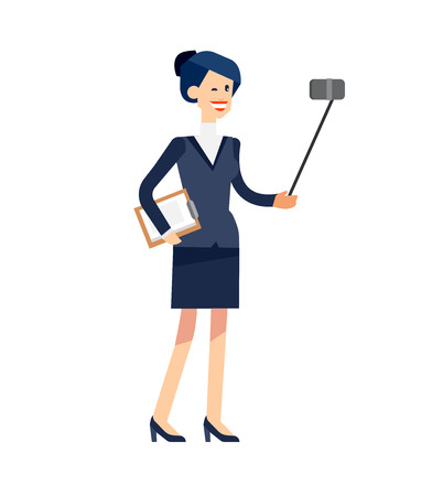 Vector detailed character business women make Selfie. Selfie shots business women Selfie. Selfie shot women make Selfie. Vector selfie business women, life with selfie photo cameraのイラスト素材