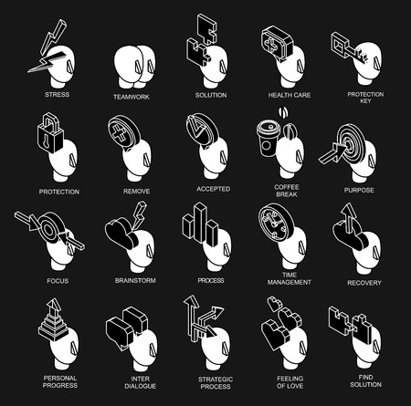 Isometric icon of human brain process, people thinking, brain process character. Brain process. Infographic brain process. Vector   brain process. Brain process collection conceptのイラスト素材