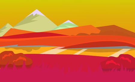 cartoon desert landscape, vector unending background landscape with desert, herbs, mountains and sky. Vector landscape. Flat landscapeのイラスト素材