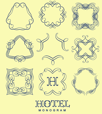 Set of elegant monogram design. Vector  linear frame and monogram illustration. Trendy linear monogram and linear frame for justic lawyer, boutique or hotelのイラスト素材