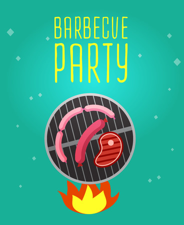 Different kind of meat on the grill illustration. picnic or Bbq party. Food and barbeque, summer and grill. Vector barbeque party, illustration barbeque partyのイラスト素材