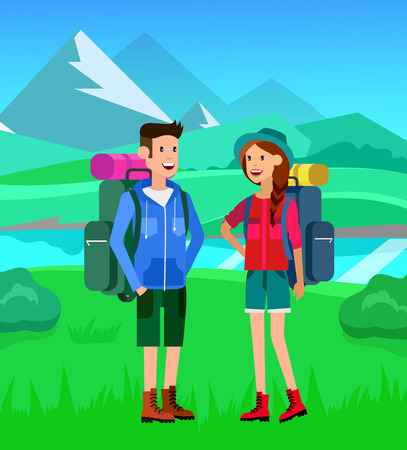 summer camping with landscape. Morning landscape in the mountains. Men and woman character camping tourists. Camping Weekend. Hiking and camping. Vector camping flat illustrationのイラスト素材