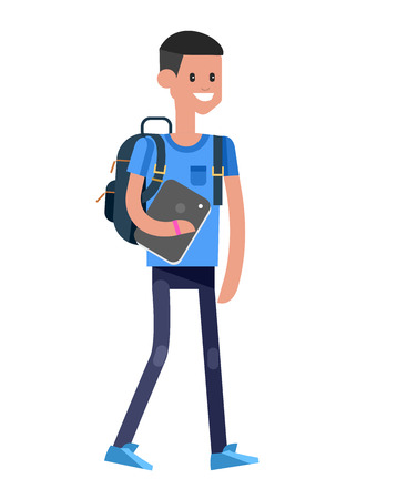 Vector detailed character flat design child student. Kids  smiling holding Gadgets and backpacks. Primary or elementary school child character. Vector child character isolated on white backgroundのイラスト素材