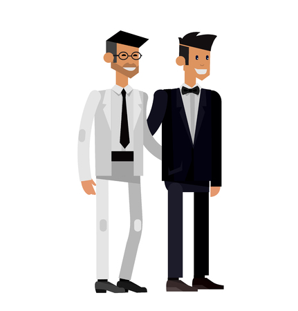 Nontraditional family. Happy cute wedding gay homosexual couple. Cool gay wedding character flat illustration. Vector gay wedding. Gay weddingのイラスト素材