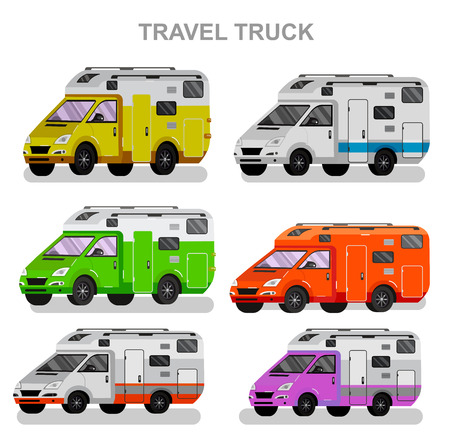Travel van flat  icon with long shadows. Travel car and motorhome. Vector detailed mobile home. Road trip poster. Travel car vectorのイラスト素材