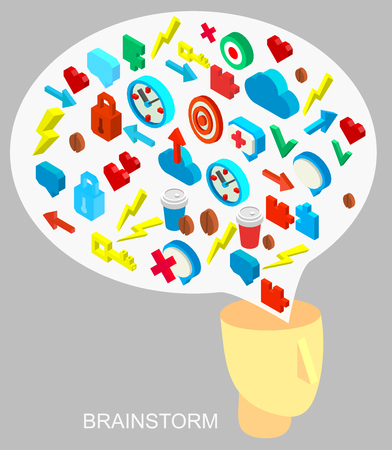 Isometric icon of human brain process, people thinking, brain process character. Brain process. Infographic brain process. Vector brain process. Brain process collection conceptのイラスト素材