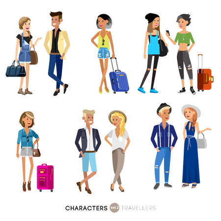Detailed character people on vacation, family travels, couple goes on vacation, people with suitcases. Illustration of characters touristsのイラスト素材