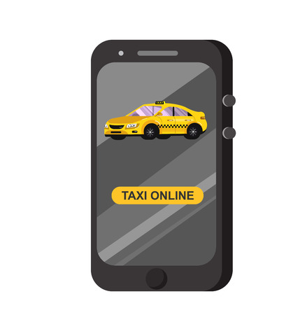Vector modern flat  Taxi online app. Creative infographics design Taxi online app service, yellow taxi.Taxi hire service application running. Taxi online appのイラスト素材