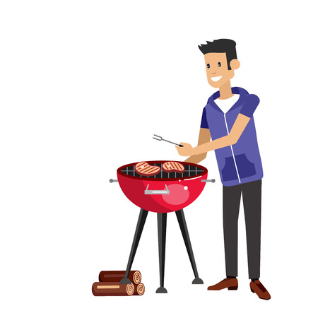 Vector character man chef cooking steaks on grill on picnic or Bbq party. Food and barbeque, summer and grill. Vector barbeque party, illustration barbeque partyのイラスト素材