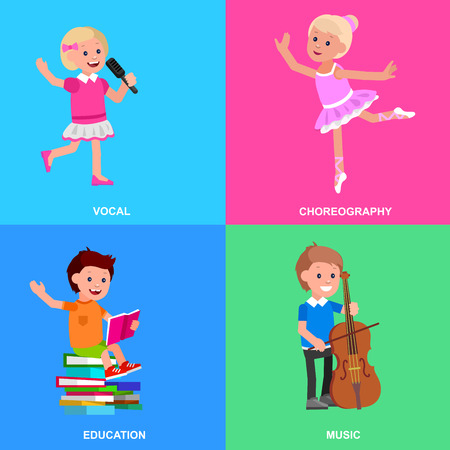 Cute vector character child. Happy kid illustration reading a book, playing on contrabass, dancing. Education and child development. Banner for the kindergarten or children club, school of Artsのイラスト素材