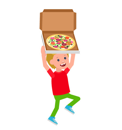 Cute vector character child. Cheerful child. Happy kid boy with pizza. Fun child.のイラスト素材