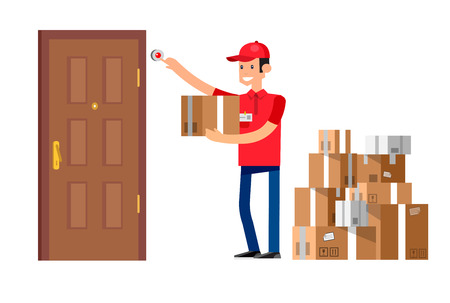 Funny Delivery character man. Vector Delivery. Delivery detailed illustration. Delivery fast to the door and by delivery courier flat set. Delivery vector illustrationのイラスト素材