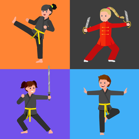 Cute vector character child. Illustration for martial art kung fu poster. Kid wearing kimono and training kung fu. Vector fun child. Illustration of Kid and Sport. Child take kung fu fighting poseのイラスト素材