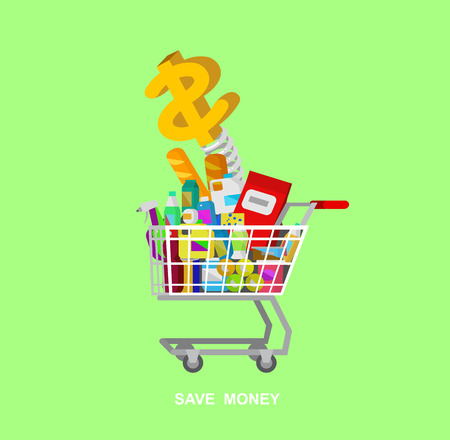 Concept illustration for Shop, supermarket cart. Vector supermarket cart. Healthy eating and eco food in supermarket cart. Vector flat illustration for supermarket.のイラスト素材