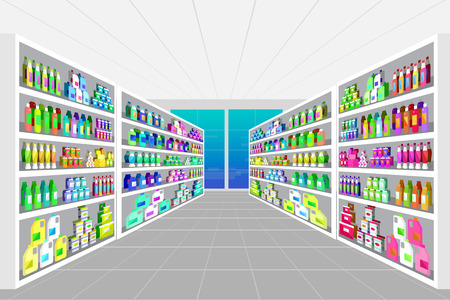 Concept illustration for Shop, supermarket. Vector supermarket shelves. Healthy eating and eco food in supermarket. Vector flat illustration for supermarket.のイラスト素材