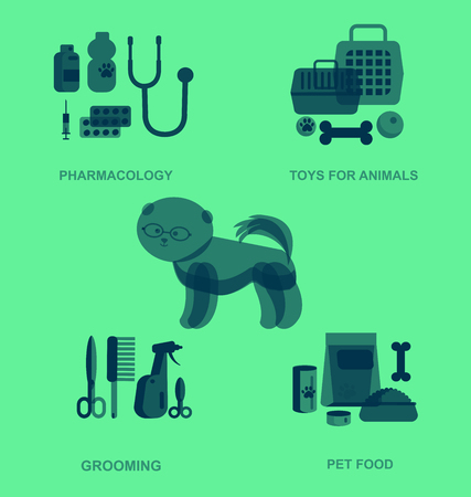 high quality veterinary object and veterinary icons set, pet shop. Pets accessories and vet store, grooming tools, veterinary pharmacy. Vector veterinary object. Illustration of veterinaryのイラスト素材