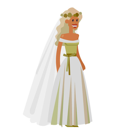 Happy cute wedding bride. Vector wedding detailed character bride, wedding  beautiful  smiling bride. Cool wedding bride  flat illustration. Vector bride weddingのイラスト素材