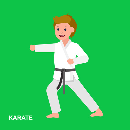 Cute vector character child . Illustration for martial art poster. Kid wearing kimono and karate training. Vector fun child. Illustration of Kid and Sport. Child take karate fighting poseのイラスト素材