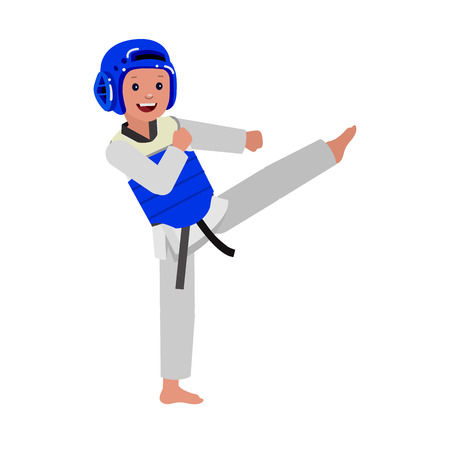 Cute vector character child and taekwondo. Illustration for martial art poster. Kid wearing kimono and taekwondo training. Vector fun child. Illustration of Kid and Sport. Child take fighting poseのイラスト素材