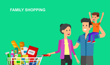 Concept illustration for Shop, supermarket. Vector character family with food from the supermarket. Healthy eating and eco food in supermarket. Vector flat illustration for supermarket.のイラスト素材