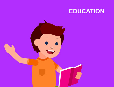 Cute vector character child. Happy kid illustration reading book. Education and child development. Banner for the kindergarten or children club, school of Artsのイラスト素材
