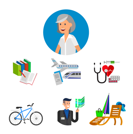 vector detailed character senior, senior age. Old age woman and icons. Pension hobbies and interests leisure of pensionerのイラスト素材