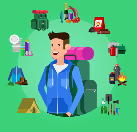 Men and woman character camping tourists. Camping Weekend icons. Hiking and camping object. Vector camping flat illustrationのイラスト素材