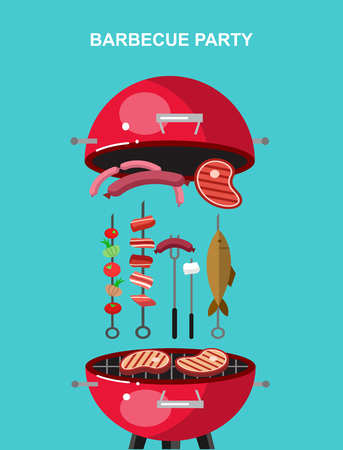 Different kind of meat on the grill illustration. picnic or Bbq party. Food and barbeque, summer and grill. Vector barbeque party, illustration barbeque partyのイラスト素材