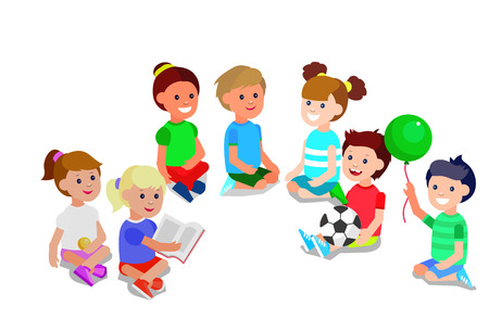 Cute vector character child playing with ball, read book . Cheerful child. Happy kid illustration. Detailed character child. Vector for Celebration children day, fun child.のイラスト素材