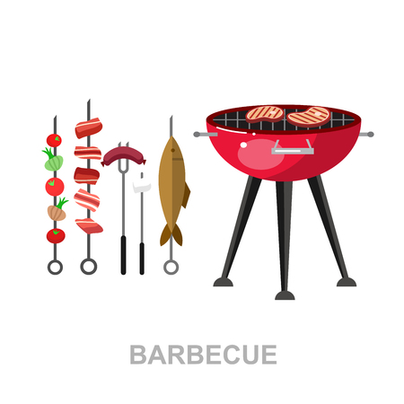 Vector character people on Family picnic or Bbq party. Food and barbeque, summer and grill. Vector barbeque party, illustration barbeque partyのイラスト素材