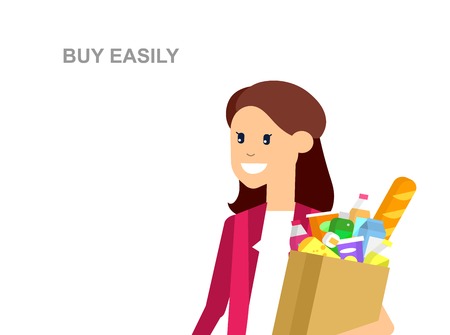 Concept illustration for Shop, supermarket. Vector character woman chooses products. Healthy eating and eco food in supermarket. Vector flat illustration for supermarket.のイラスト素材