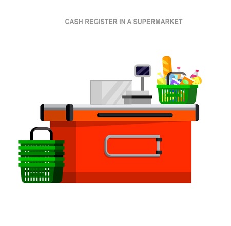 Concept illustration for Shop, supermarket. Vector character cashier in supermarket. Healthy eating and eco food in supermarket. Vector cash register in a supermarketのイラスト素材